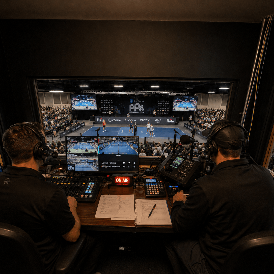 Two individuals in a control room with multiple screens overlooking a sports event.