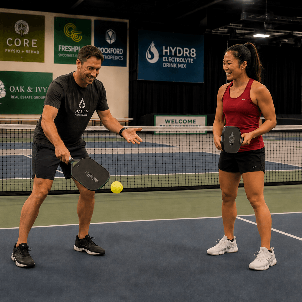 Two people playing paddleball on an indoor court with various advertisements in the background.