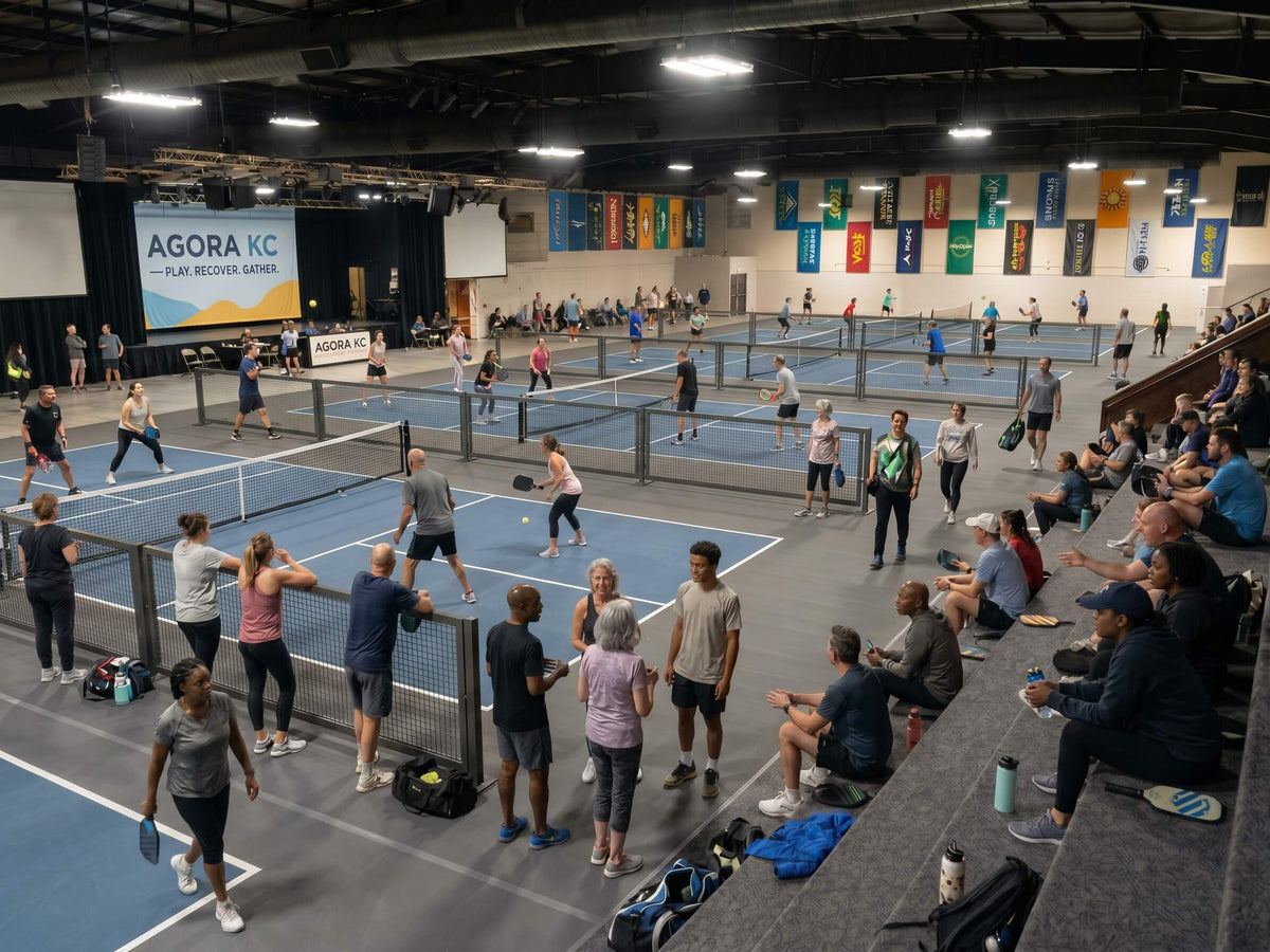 Concept rendering of Agora KC’s planned indoor pickleball courts and stadium seating.