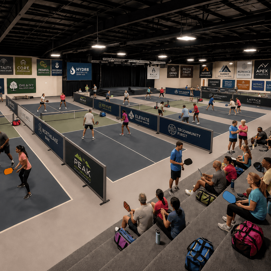 Indoor pickleball facility with multiple courts and players