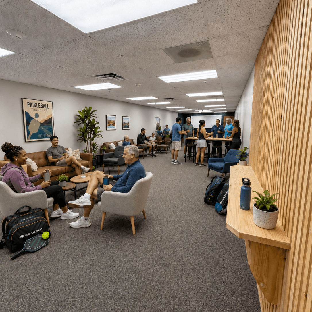 People sitting in a modern office waiting area with chairs and tables.