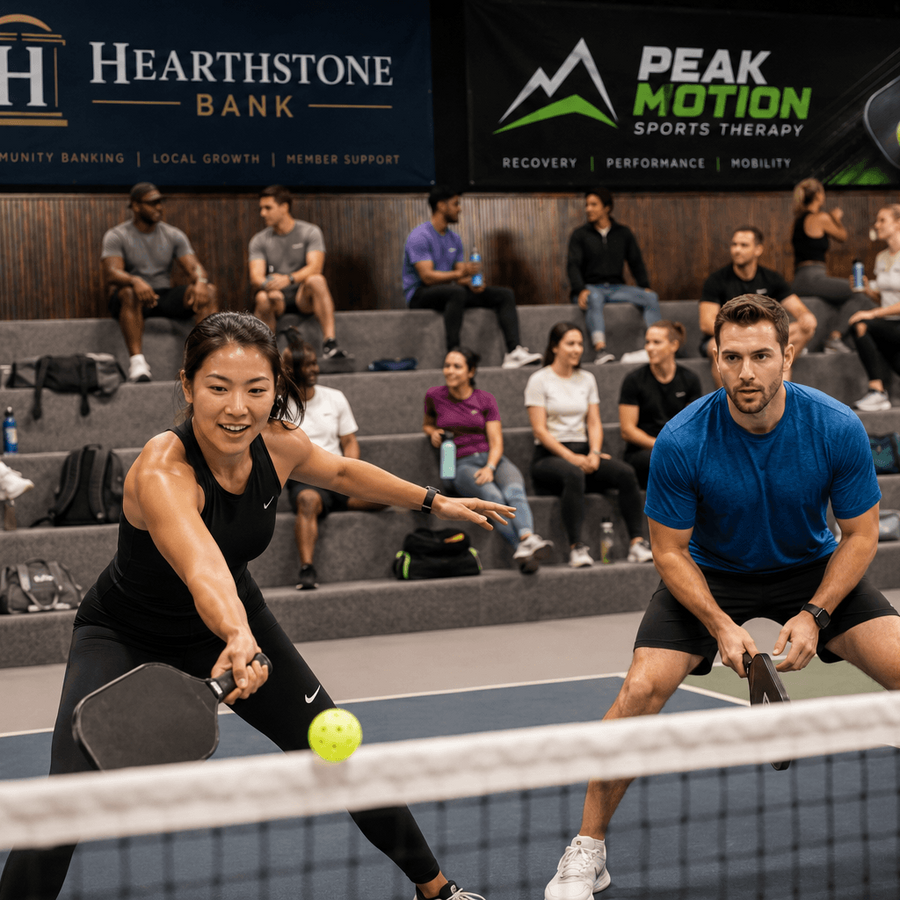 Two people playing pickleball on an indoor court with spectators in the background.