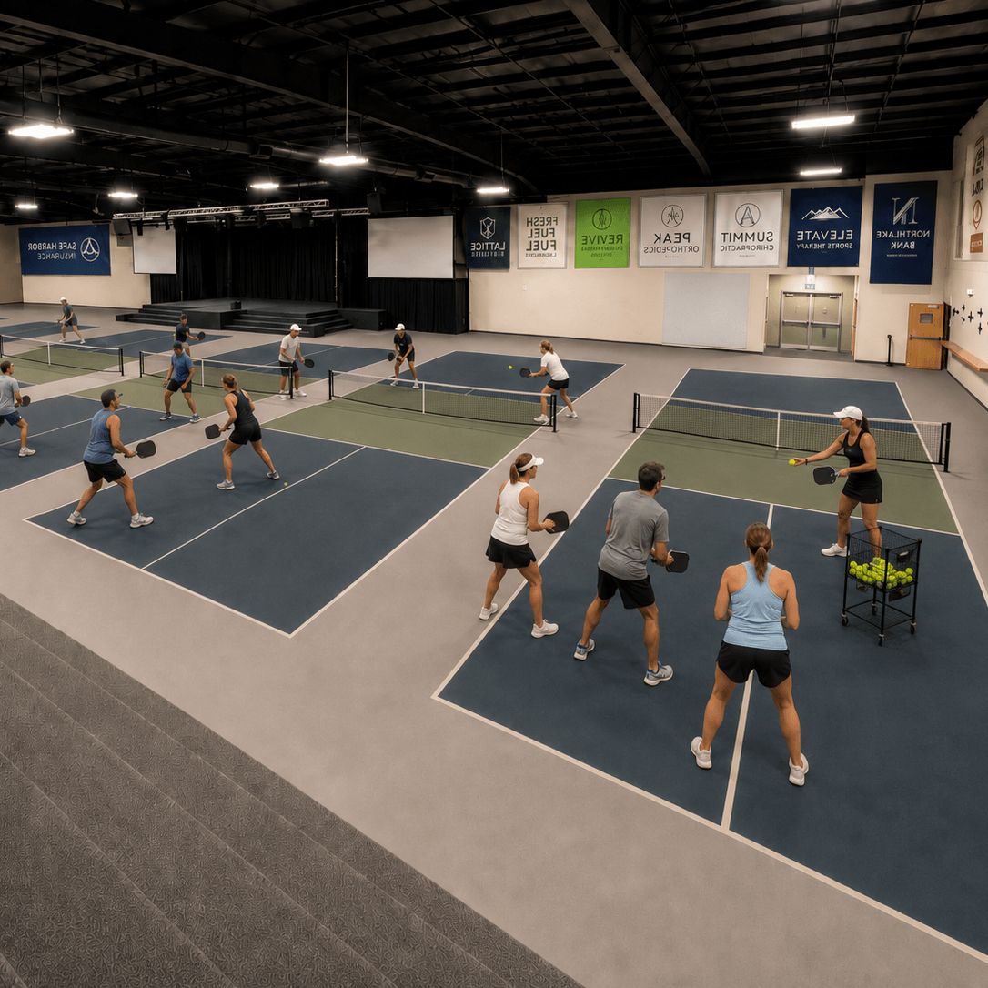 Indoor sports facility with multiple pickleball courts and players.