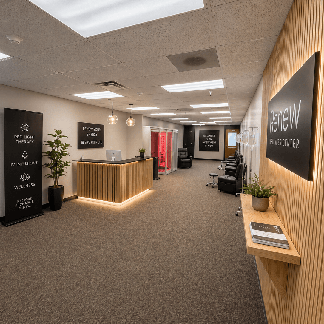Interior of a modern office space with reception desk and informational signs
