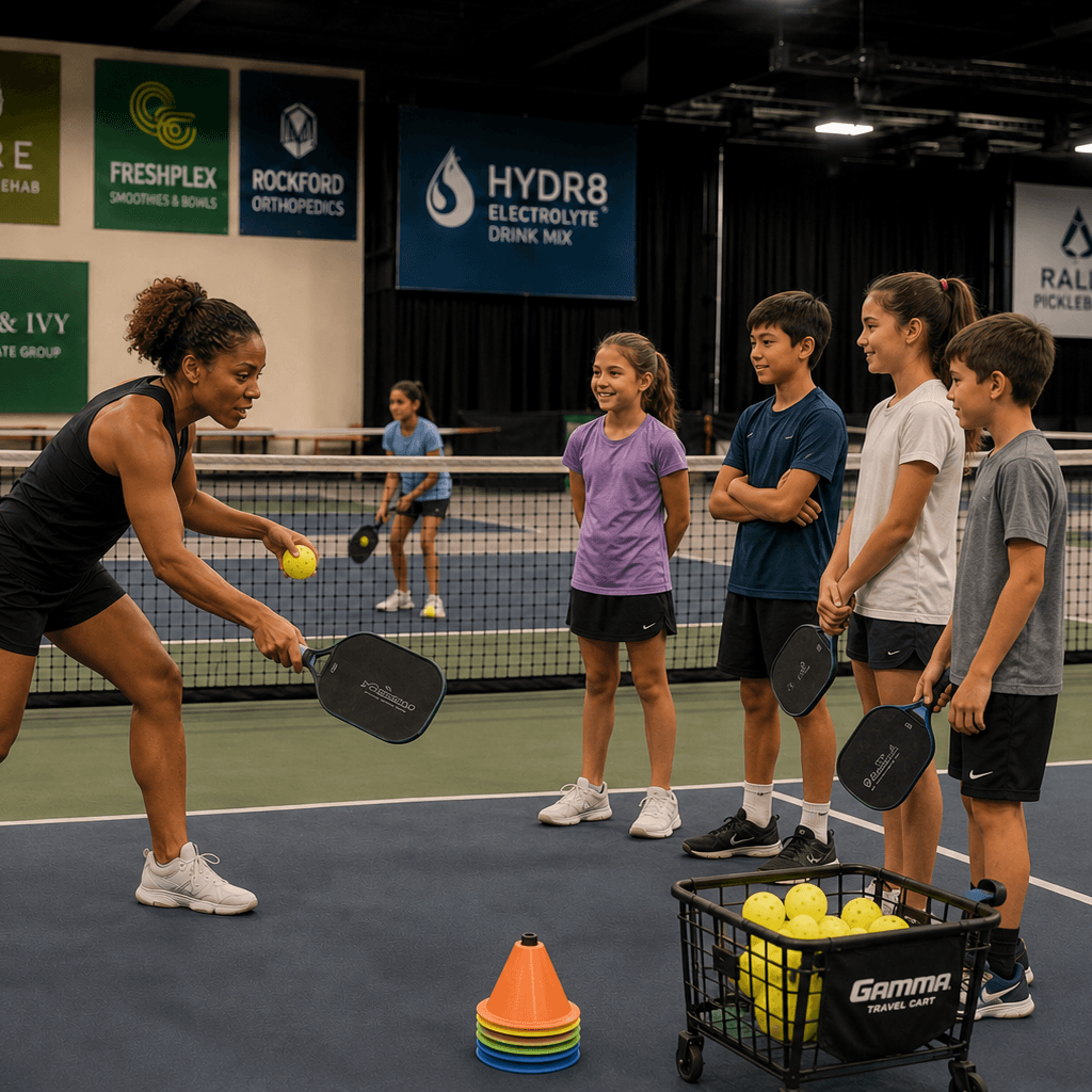 Coach teaching children paddle tennis on a court with various advertisements in the background.